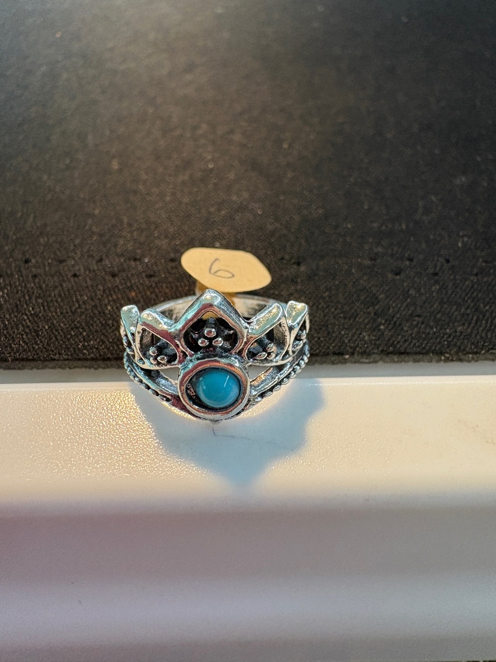 Silver Tone Crown Ring with Turquoise Accent Size 6
